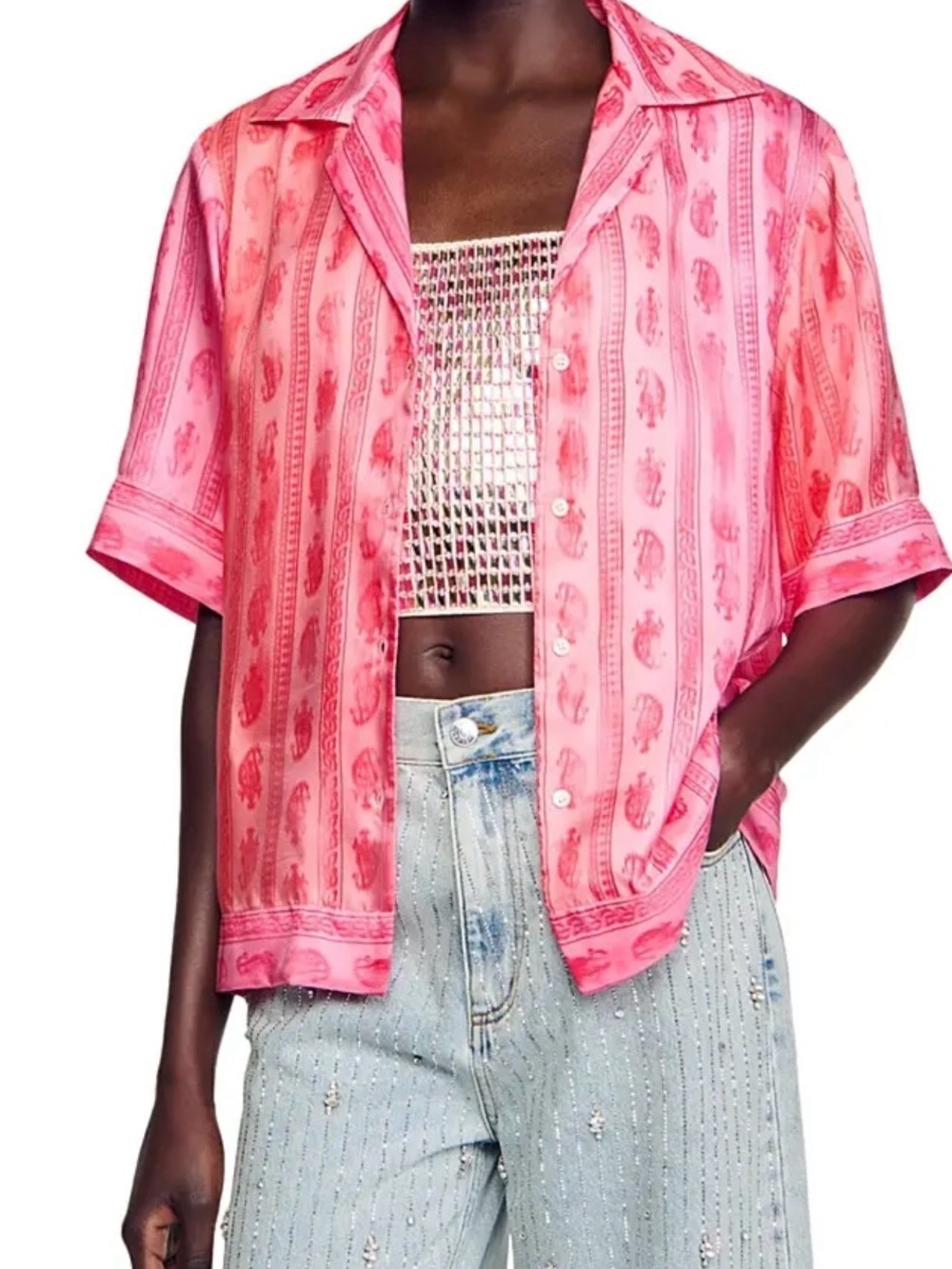 Sandro Pink Paisley-Stripe Short Sleeve Button-Up Blouse